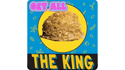 The King peanut butter banana & honey protein ball dancing with a peanut butter banana sandwich and a jar of honey