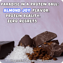 Load image into Gallery viewer, Sassy Balls Protein ball with almonds and coconut, text about almond joy flavor and nutritional information.