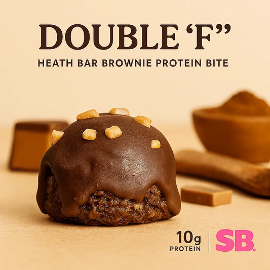 Double-F Heath Bar Brownie Energy Bites with chocolate coating and crunchy toffee pieces on top, 10g protein, decadent chocolate toffee treat