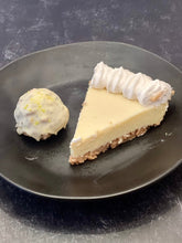 Load image into Gallery viewer, Key Lime Pie protein packed protein ball next to a slice of keylime pie