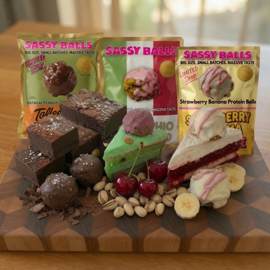 Four bags of Sassy Balls protein balls by Taloo are displayed on a wooden cutting board alongside assorted chocolate brownies, a green cake slice, a red strawberry cake slice, and bananas, with the products in the background.