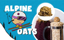 Load image into Gallery viewer, Product packaging for 'Alpine Oats' with a cartoon character, oats, and a French press on a blue background.