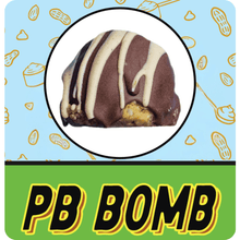 Load image into Gallery viewer, PB Bomb logo with Peanut Butter Truffle protein ball coated in chocolate with peanut butter filling.