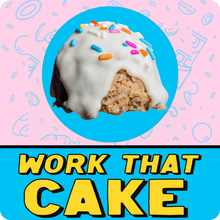 Load image into Gallery viewer, Vanilla Funfetti protein ball topped with white icing and rainbow sprinkles. With work that cake label