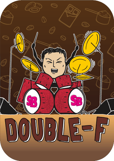 Double - F logo Cartoon drummer with yellow drums and red and white bass drum, on a brown background with doodles.