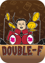 Load image into Gallery viewer, Double - F logo Cartoon drummer with yellow drums and red and white bass drum, on a brown background with doodles.