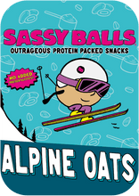 Load image into Gallery viewer, Sassy Balls Oatmeal Rasin snack packaging with a cartoon character skiing on a blue background