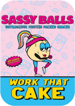 Load image into Gallery viewer, Sassy Balls protein snack packaging with cartoon character and text on a pink background