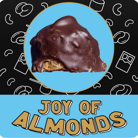 Joy of Almonds logo with Almond Joy protein balls showing chocolate and almond