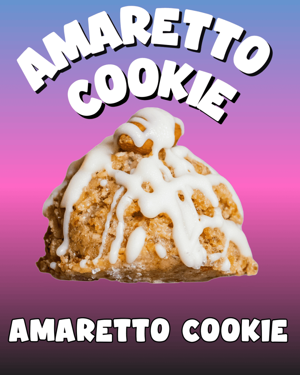 Amaretto cookie with white drizzle on a purple background with 'Amaretto Cookie' text.
