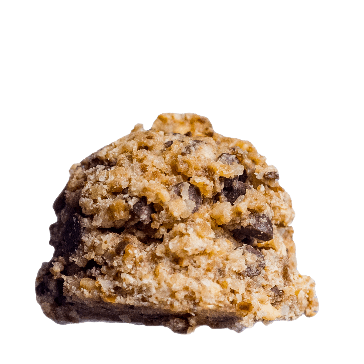 Close up of Chocolate chip cookie dough–style protein ball with mini chocolate chips.
