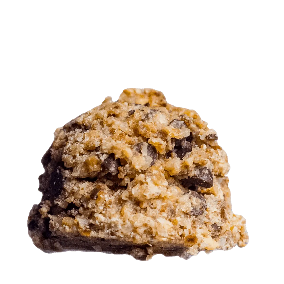 Doughhzer Chocolate Chip Close-up of a dough-style protein ball with mini chocolate chips.
