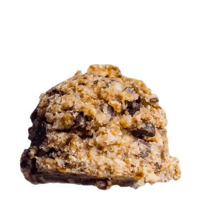 Doughhzer Chocolate Chip Close-up of a dough-style protein ball with mini chocolate chips.
