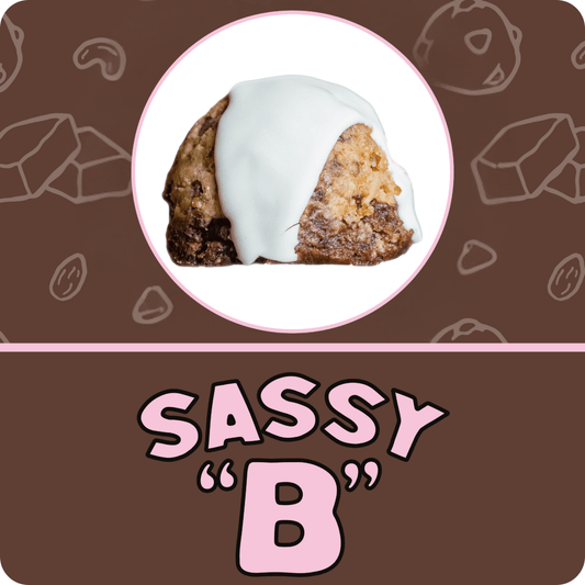 Sassy Balls Chocolate Chip Cookie Dough and Brownie Bite protein balls with its Sassy B logo