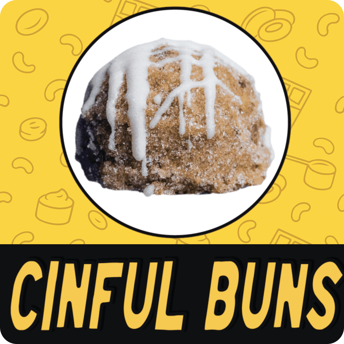 Cinnamon roll–inspired protein ball with white icing drizzle and cinnamon crumb.
