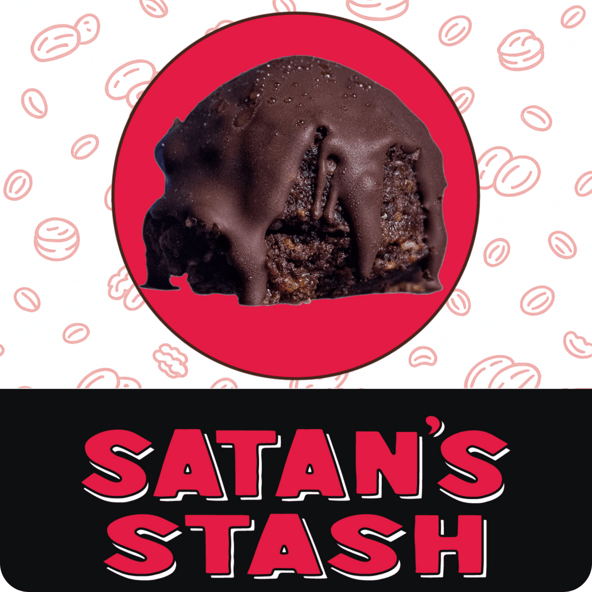 Satan's Stash logo with Coffee and dark‑chocolate protein ball with a hint of sea salt.
