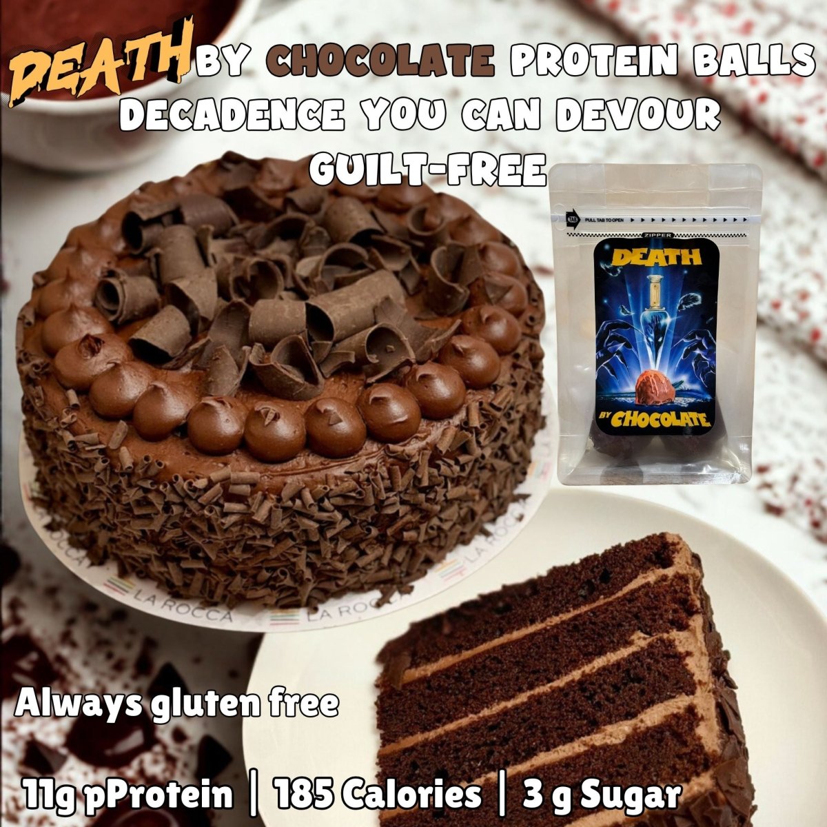 Sassy Balls chocolate‑inspired dessert image featuring a chocolate cake with curled chocolate flakes and a slice