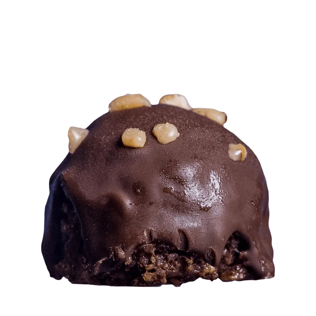 Double-F Heath Bar Brownie Energy Bites close-up with chocolate coating and crunchy toffee chunks on top