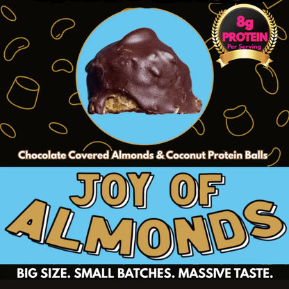 Joy of Almonds Energy Bites savagely bitten open revealing rich chocolate coating over nutty almond and coconut filling, 8g protein fuel