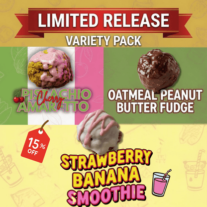 Promotional graphic for a limited release variety pack featuring four dessert items: a pistachio amaretto cherry ice cream scoop, an oatmeal peanut butter fudge ball, a strawberry banana smoothie scoop, and a red 15% off tag.