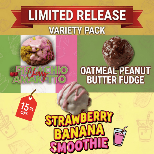 Promotional graphic for a limited release variety pack featuring four dessert items: a pistachio amaretto cherry ice cream scoop, an oatmeal peanut butter fudge ball, a strawberry banana smoothie scoop, and a red 15% off tag.