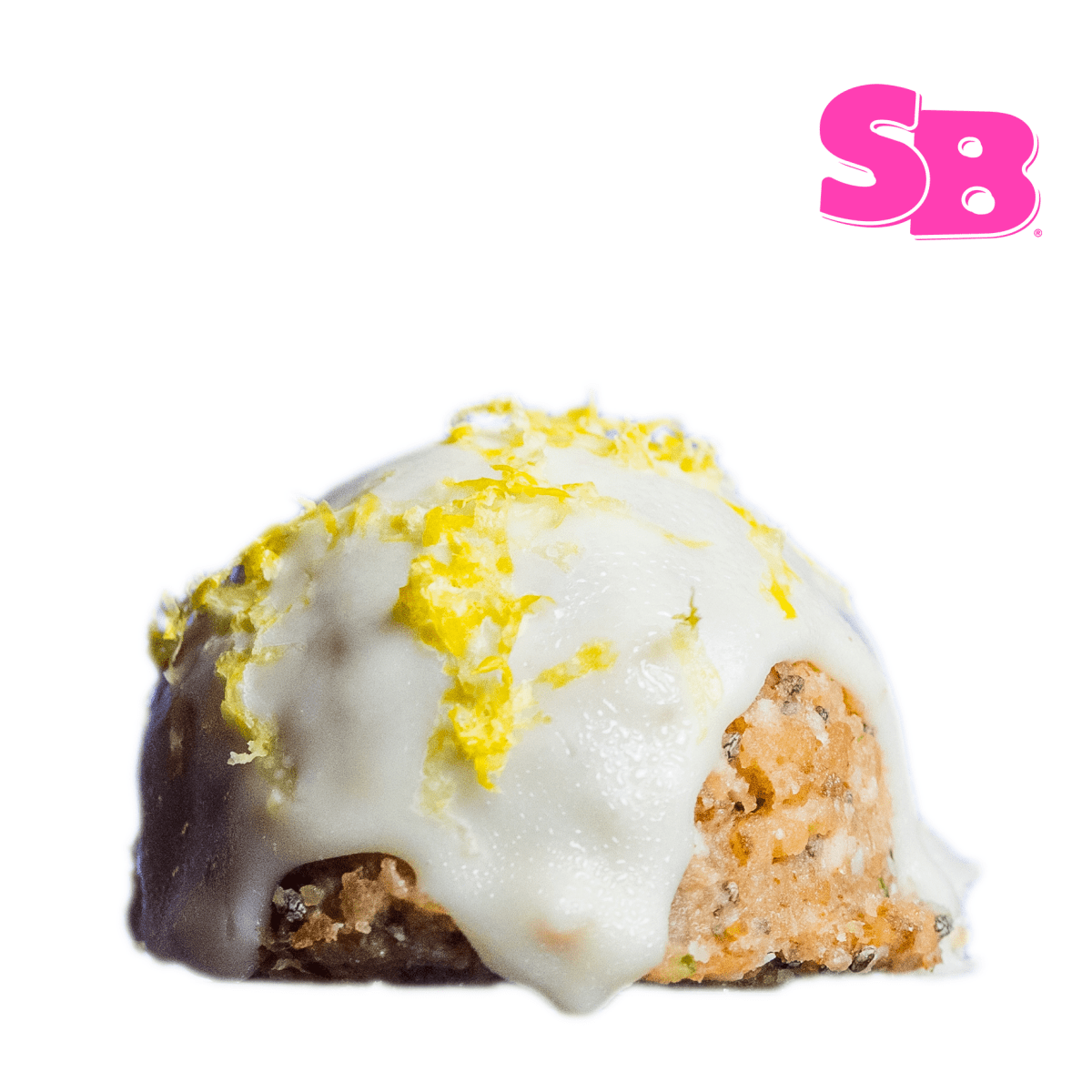 Picture of the lemon meringue protein ball from Sassy Balls with a white background