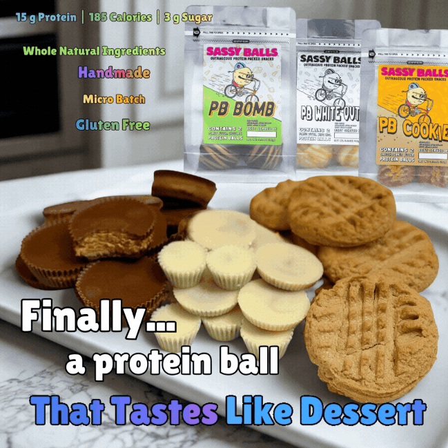 Sassy Balls Peanut Butter truffle and cookie Protein ball packages with cookies and peanut butter cups on a plate, emphasizing taste and natural ingredients.