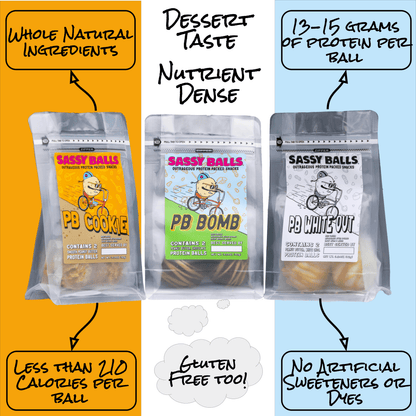Three packages of Sassy Balls protein balls with text highlighting features on a yellow and blue background.