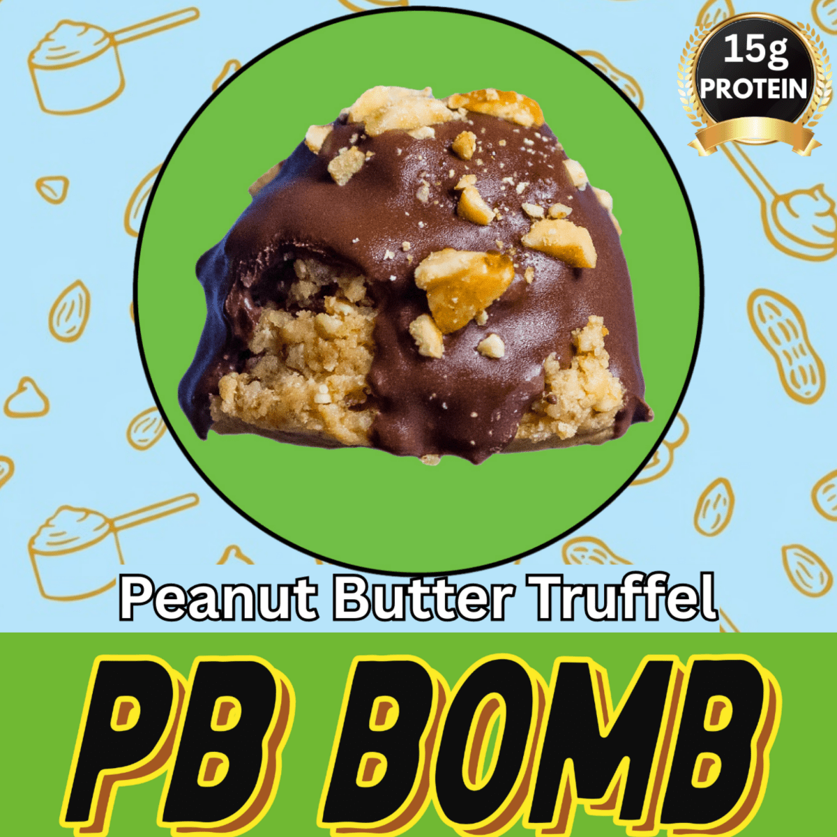 PB Bomb peanut butter truffle protein ball cut open showing creamy peanut butter center coated in rich chocolate, with 15g protein badge
