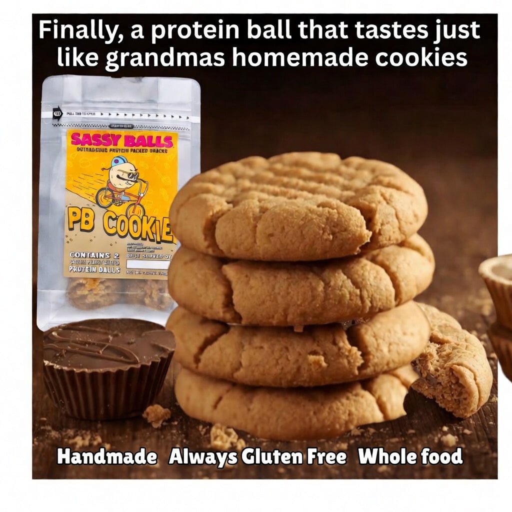 PB Cookie Peanut Butter Cookie Energy Bites with stack of cookies and chocolate cup