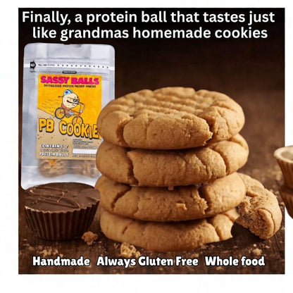 PB Cookie Peanut Butter Cookie Energy Bites with stack of cookies and chocolate cup