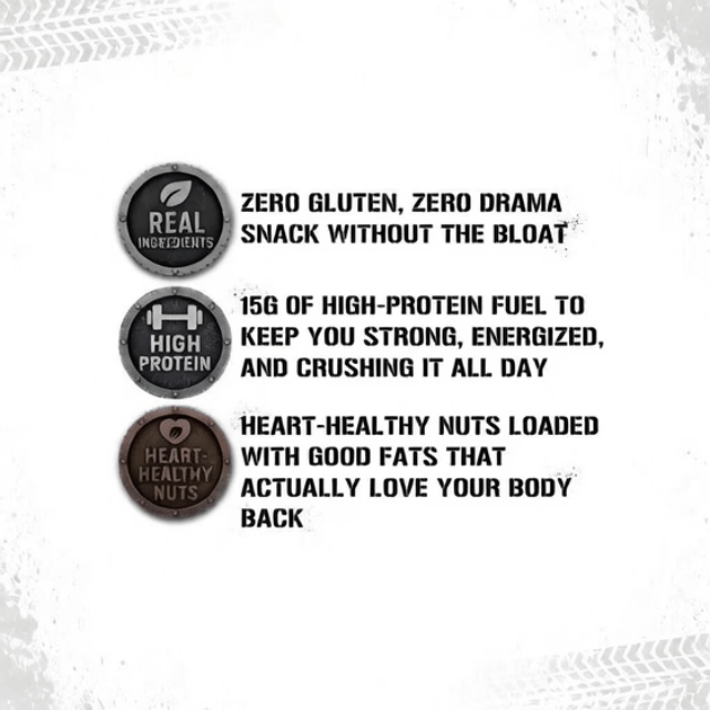 PB Whiteout creamy peanut butter white chocolate protein balls benefit badges: zero gluten, 15g high protein, and heart-healthy nuts