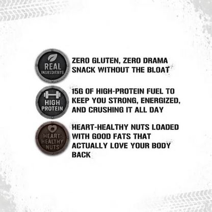 PB Whiteout creamy peanut butter white chocolate protein balls benefit badges: zero gluten, 15g high protein, and heart-healthy nuts