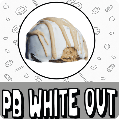 
PB White Out logo with peanut butter truffle protein ball coated in white chocolate
