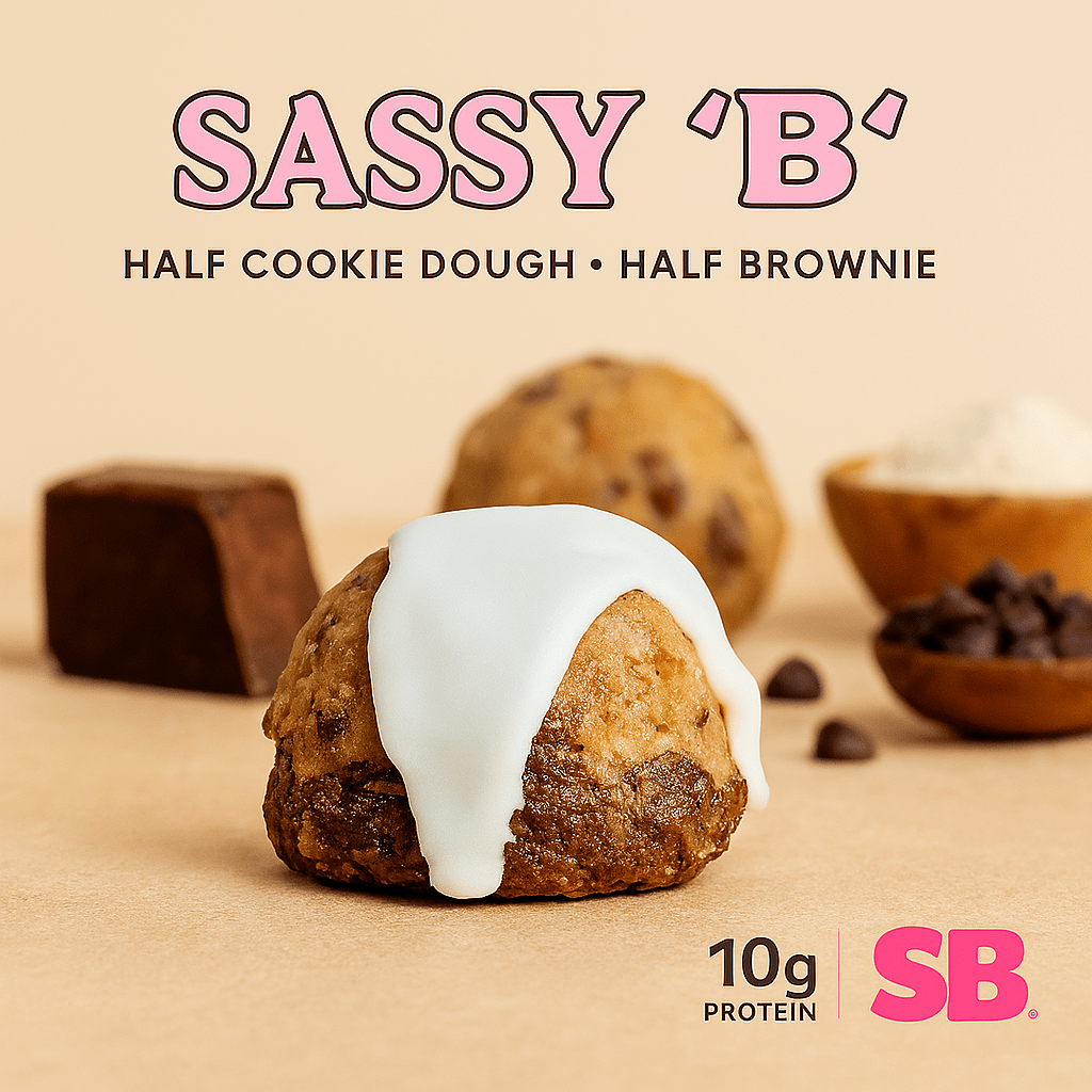 Sassy Ball Chocolate Chip Cookie Dough Brownie Energy Bites looking stupidly satisfying – half cookie dough, half brownie, topped with white drizzle