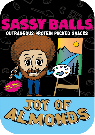 Sassy Balls protein snack packaging with cartoon character and mountain scene