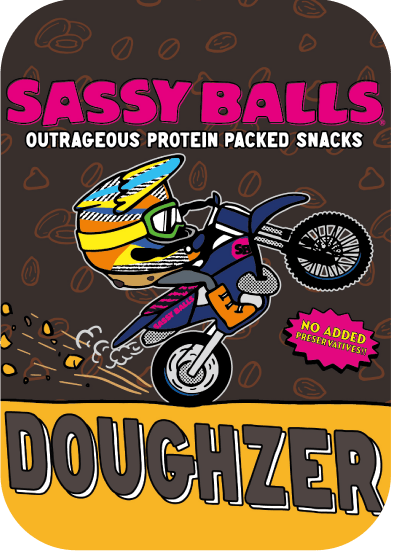 Product packaging for 'Sassy Balls' with a cartoon character on a motorcycle and text about protein-packed snacks.