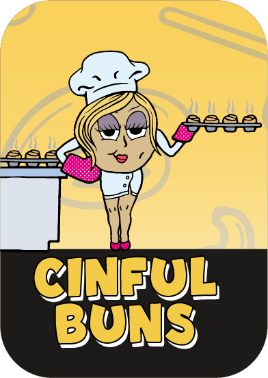 Cartoon character in a bakery setting with 'Cinful Buns' text