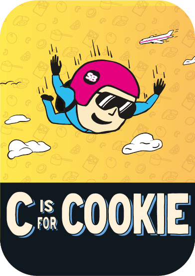 Cartoon cookie character with a pink hat and sunglasses on a yellow background with 'C is for Cookie' text.