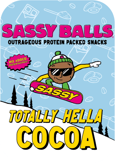Sassy Balls Totally Hella Cocoa protein snack packaging with a child-like illustration and text on a blue background.