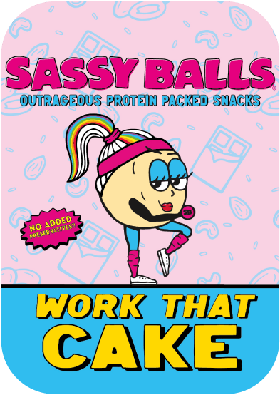 Sassy Balls protein snack packaging with cartoon character and text on a pink background